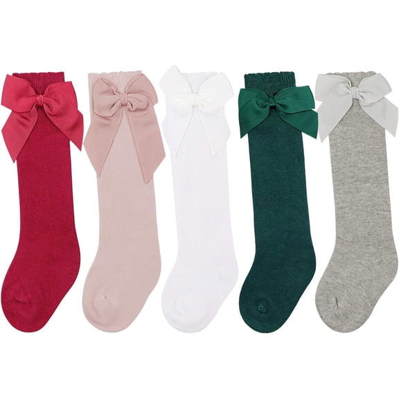5 Pack Baby Girl Knee High Socks Toddler Dress Socks Baby Bow Stocking Cotton Infant Socks