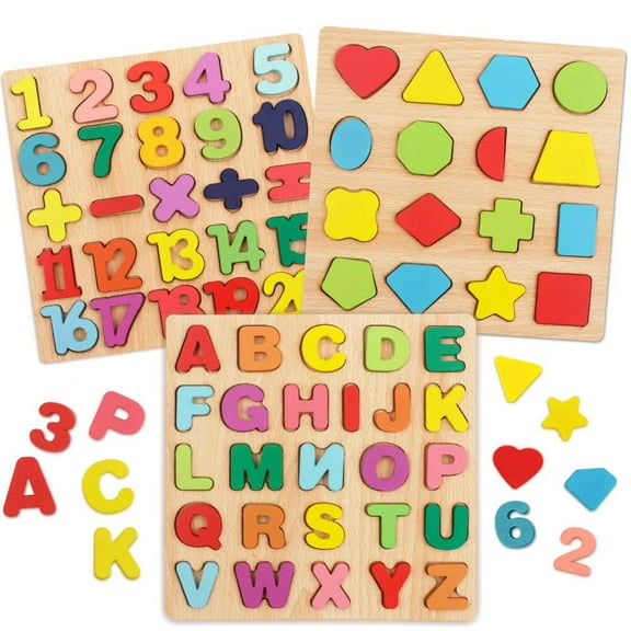 Puzzles for Toddlers,3 Pack Wooden Alphabet Number Shape ABC Name Toys for Kids 1-3 Years Old, Montessori Preschool Educational Gift Learning Letter Puzzles Toys Ages 1 2 3 4 5