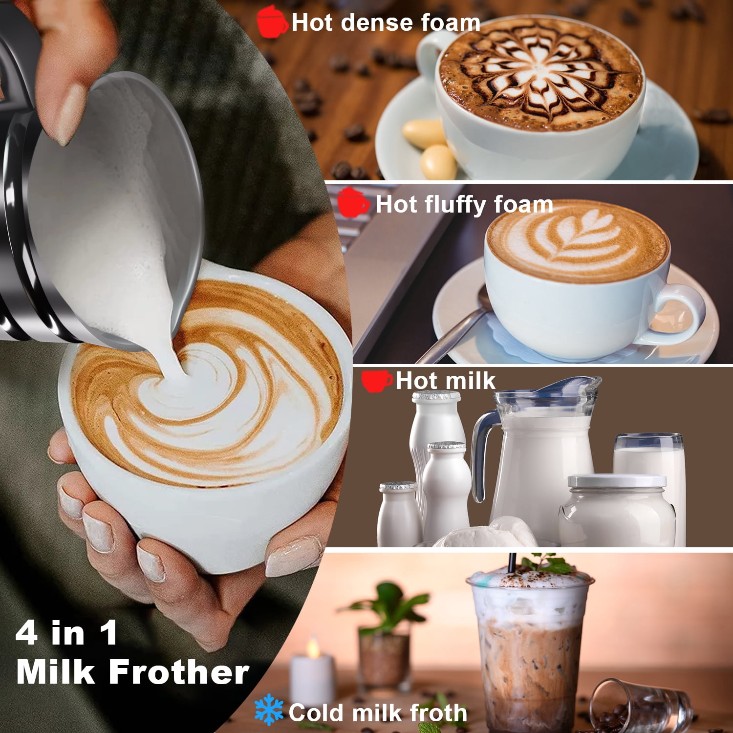 YEOLEH Milk Frother 4-in-1 Milk Steamer, Automatic Hot and Cold Foam Maker Milk Coffee Foamer with 2 Whisks for Latte Cappuccinos, Macchiato, Hot Chocolate Milk