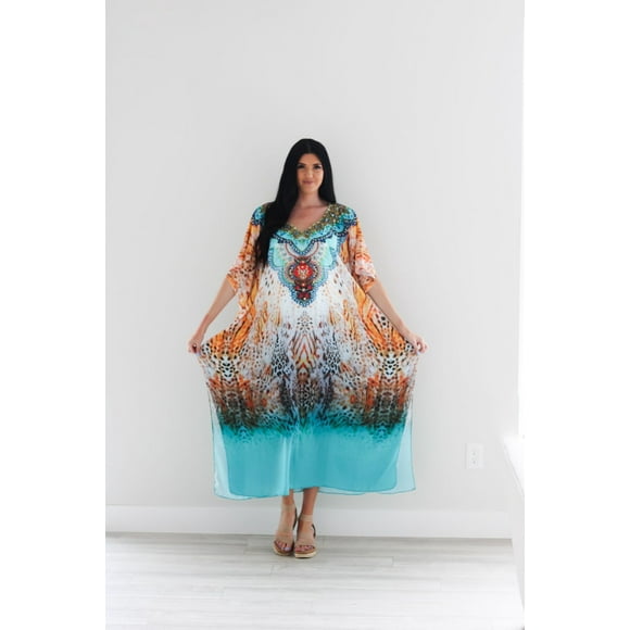 KaftanBuzz Robes Kaftan Dubai pour Femmes Grande Taille, Imprimé Africain Caftan Orné, Crêpe, 55 Pouces