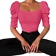 thumbnail image 1 of Camiseta informal de manga abombada con cuello redondo para mujer, camiseta ajustada acanalada de Color puro, Top rosa rojo XL, 1 of 7