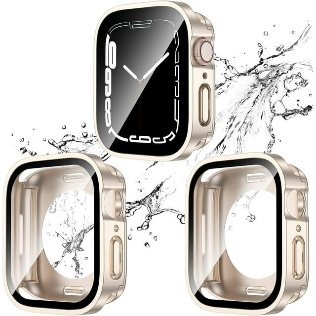 KOMI 2 Pack 2 in 1 Waterproof Case for Apple Watch Series 8 7 45mm, Straight Edge PC Front & Back Bumper with Tempered Glass Screen Protector 360 Protective Cover for iWatch 45mm, Starlight/Starligh