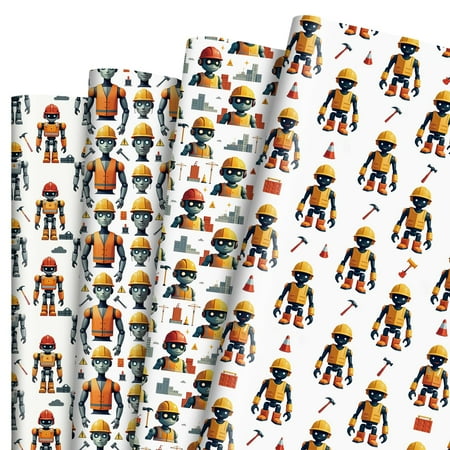 Pineraap 12 Sheets PresNok Robots Wrapping Paper - Construction Worker Robot with Hard Hat Gift Wrap for Boys Birthday Party Supplies, School Project, 19.7" x 27.6"