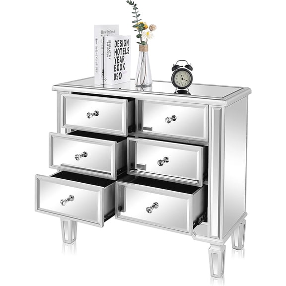 UBesGoo Mirrored 6-Drawer Wooden Dresser, Silver, for Bedroom, 32"L x 12"W x 28"H