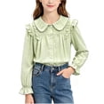thumbnail image 2 of ITSAME Girls Button Down Shirts Cotton Ruffle Lapel Long Sleeve School Uniform Blouses Fashion Casual Tops Green Size 6, 2 of 7