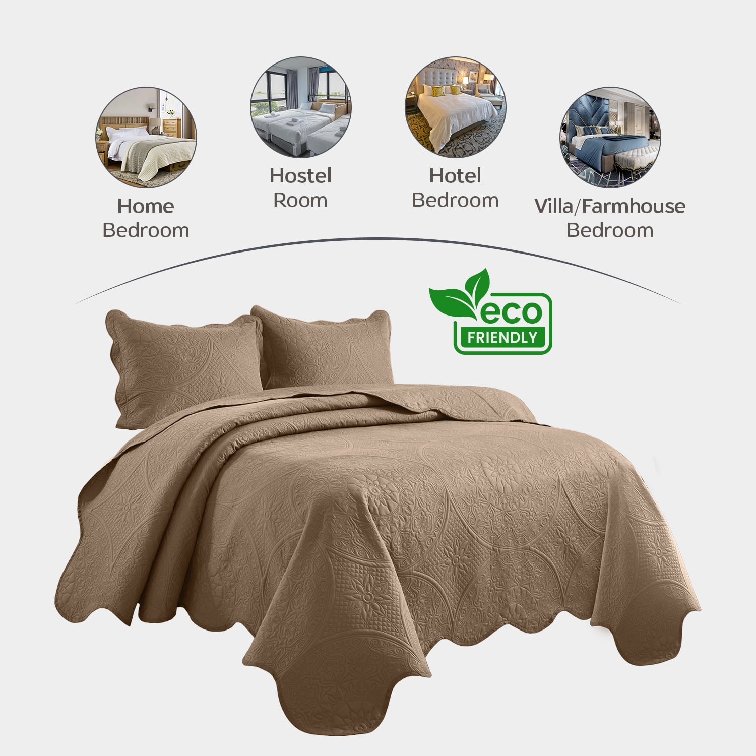 Moonlight20015 3-Piece Lightweight Microfiber Ultrasonic Floral Quilt Set, Beige, Cal King