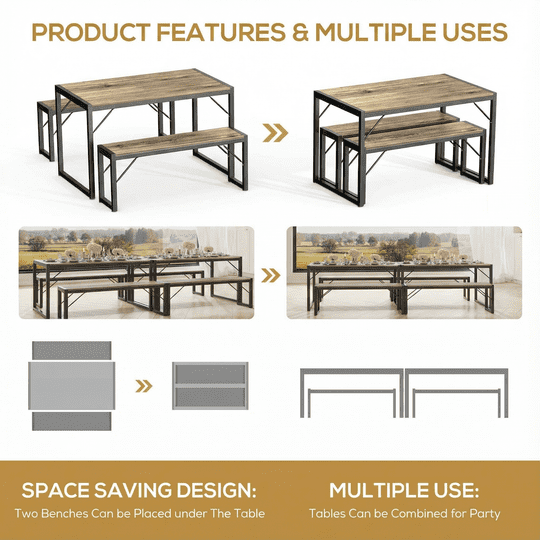 Aiho 45.5" Dining Table Set for 4, Kitchen Table with 2 Benches, Wood Dinette Sets with Metal Frame - Gray