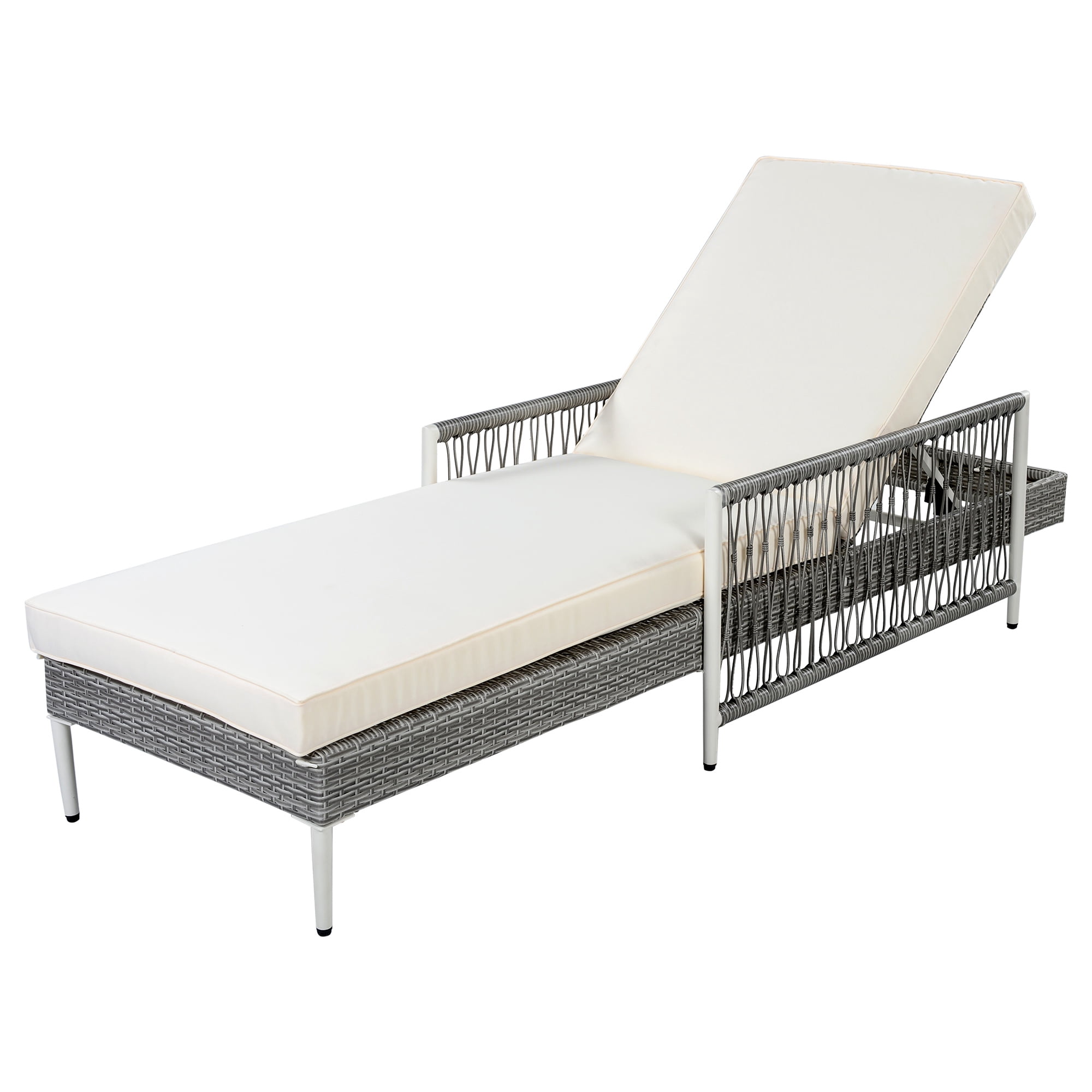 Mintazer Outdoor PE Rattan Chaise Lounge Chair with Water-Resistant Cushion, Patio Wicker Lounge Chair with 6 Gear Adjustable Recliner & Arms for Poolside Backyard, Grey & Beige