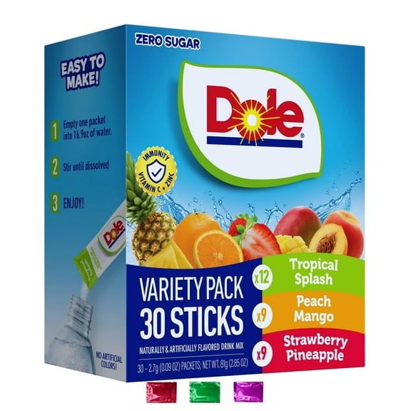 Dole Powdered Drink Mix Variety Pack 30 Sticks 1 Box, Zero Sugar Tropical Splash, Peach Mango, Strawberry Pineapple Watertok, Vitamin C and Zinc Hydration Packets with Snoep in Beperkte Oplage