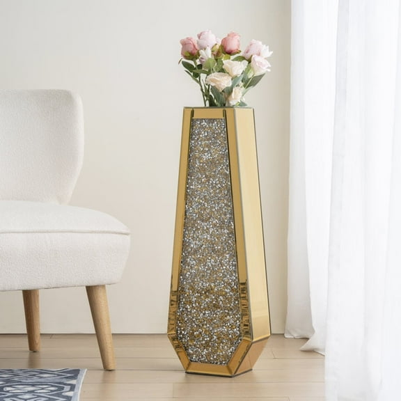 SHYFOY 24" Gold Floor Vase, Gold Crushed Diamond Tall Vases for Floor, Luxury Gold Crystal Glass Vase for Pampas Grass Mirrored Decorative Flower Vase for Office Home Decor