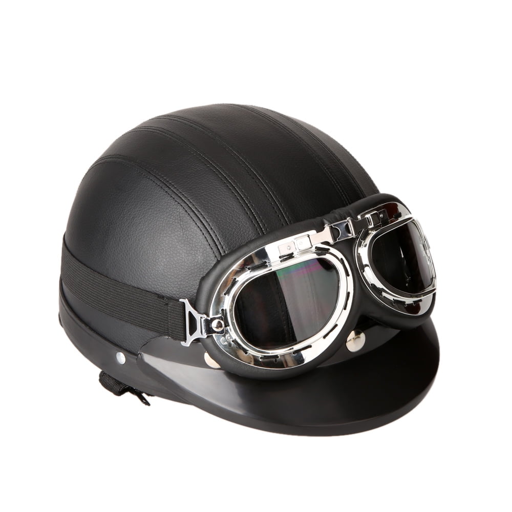 Vintage Scooter Motorcycle Motorbike Half Leather Helmet Brown Goggles Headwear 