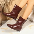 thumbnail image 3 of Wide Calf Boots for Women Plus Size Fashion Square Toe Slip on Hidden Wedge Mid Calf Booties Stitching Leather Pull on Ankle Booties Wine 6.5, 3 of 5