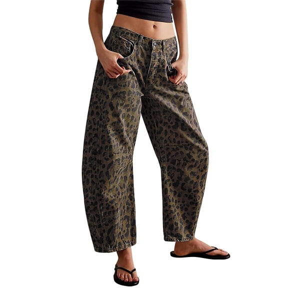 sicmoss Women's Leopard Y2K Vintage Mid Rise Stretchy Barrel Jeans Loose Wide Leg Cropped with Pockets