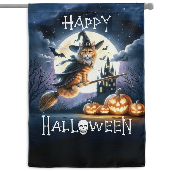 Happy Halloween Maine Coon Witch Pumpkins Bats House Flag 28x40in Double Sided Cat Lover Kitten Owner Gifts Outdoor Decor - 13012