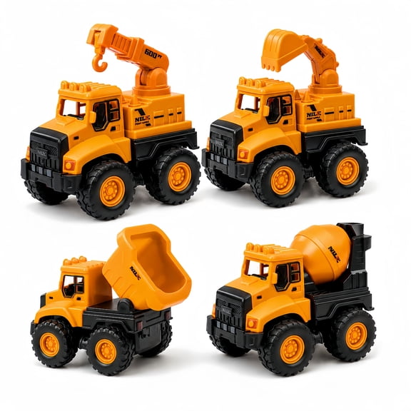 Bobyy.Duck Construction Trucks Toys for Kids, 4 Pack Friction Powered Vehicles Set with Excavator, Dump Truck, Crane & Cement Mixer, Toddler Boys Girls Ages 3-6 Birthday Gift