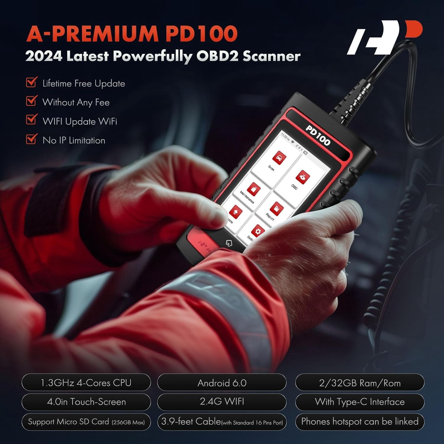 A-Premium 2024 PD100B for BMW/Mini Full System OBD2 Scanner Diagnostic Tool, Bi-Directional Code Read Scan Tool, Full Reset (BMS/ABS/Oil/SAS/EPB), Battery Registration Tool, Live Data, Android 6.0