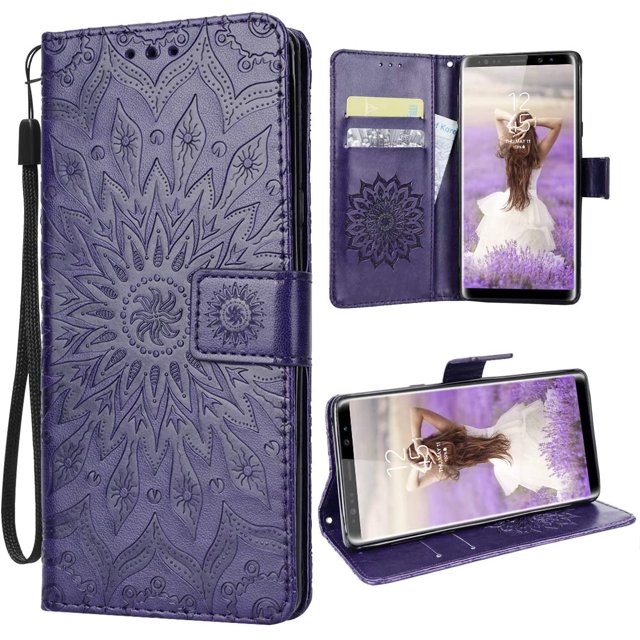 For Samsung Galaxy Note 9 Mobile Phone Case Protective Cover Leather Pu Wallet Flip Case Flower Pattern Folding Cover Sunflower - Purple
