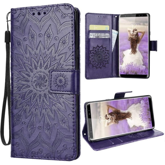 For Samsung Galaxy Note 9 Mobile Phone Case Protective Cover Leather Pu Wallet Flip Case Flower Pattern Folding Cover Sunflower - Purple