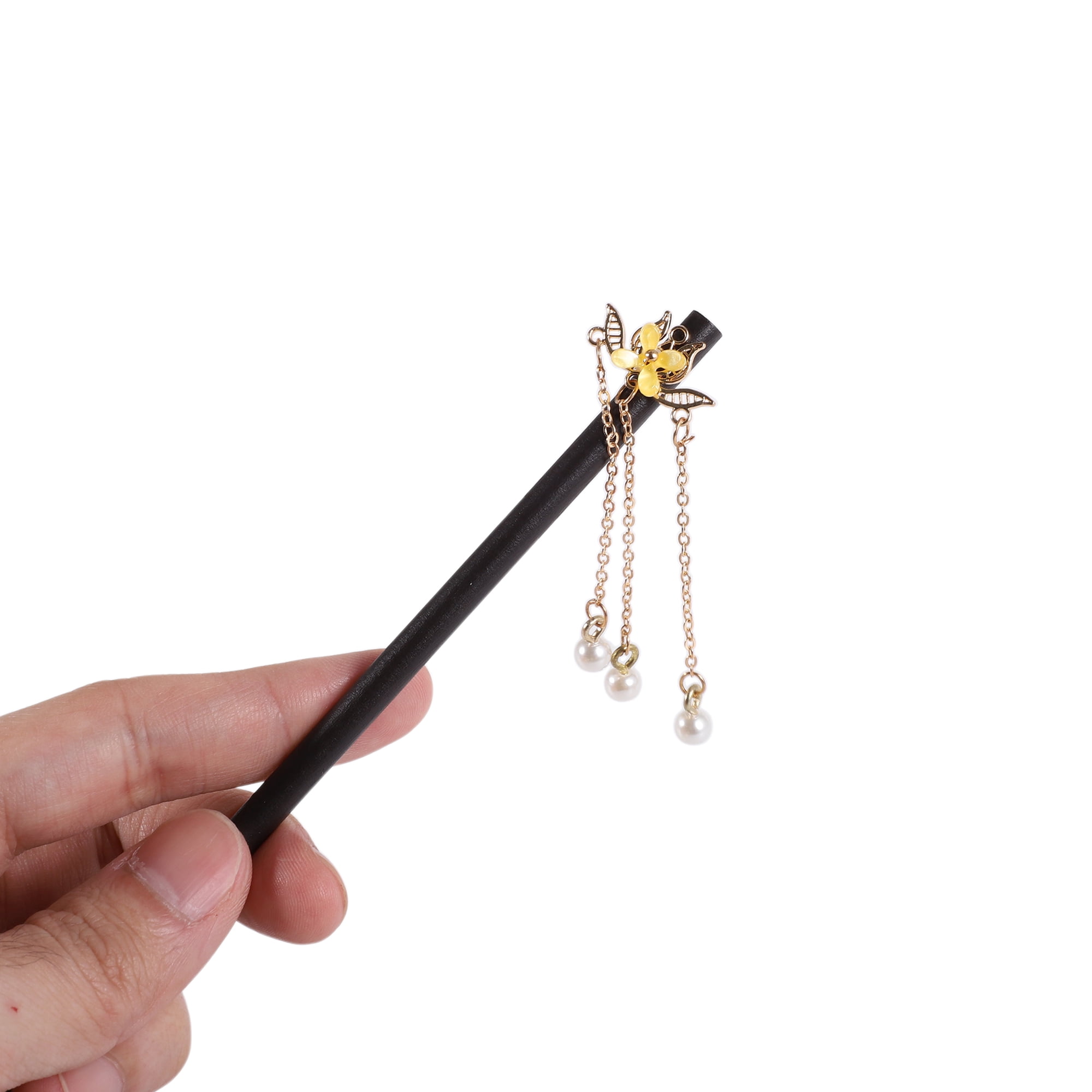 Unique Bargains Hair Chopstick for Women Black Yellow 1 Pc [Three Beads Tassel]