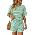 thumbnail image 5 of Yuzhih Women's Two Piece Pajama Set Striped Print Crew Neck Short Sleeve Tee with Stretchy Shorts Set Trendy Sleepwear, 5 of 5