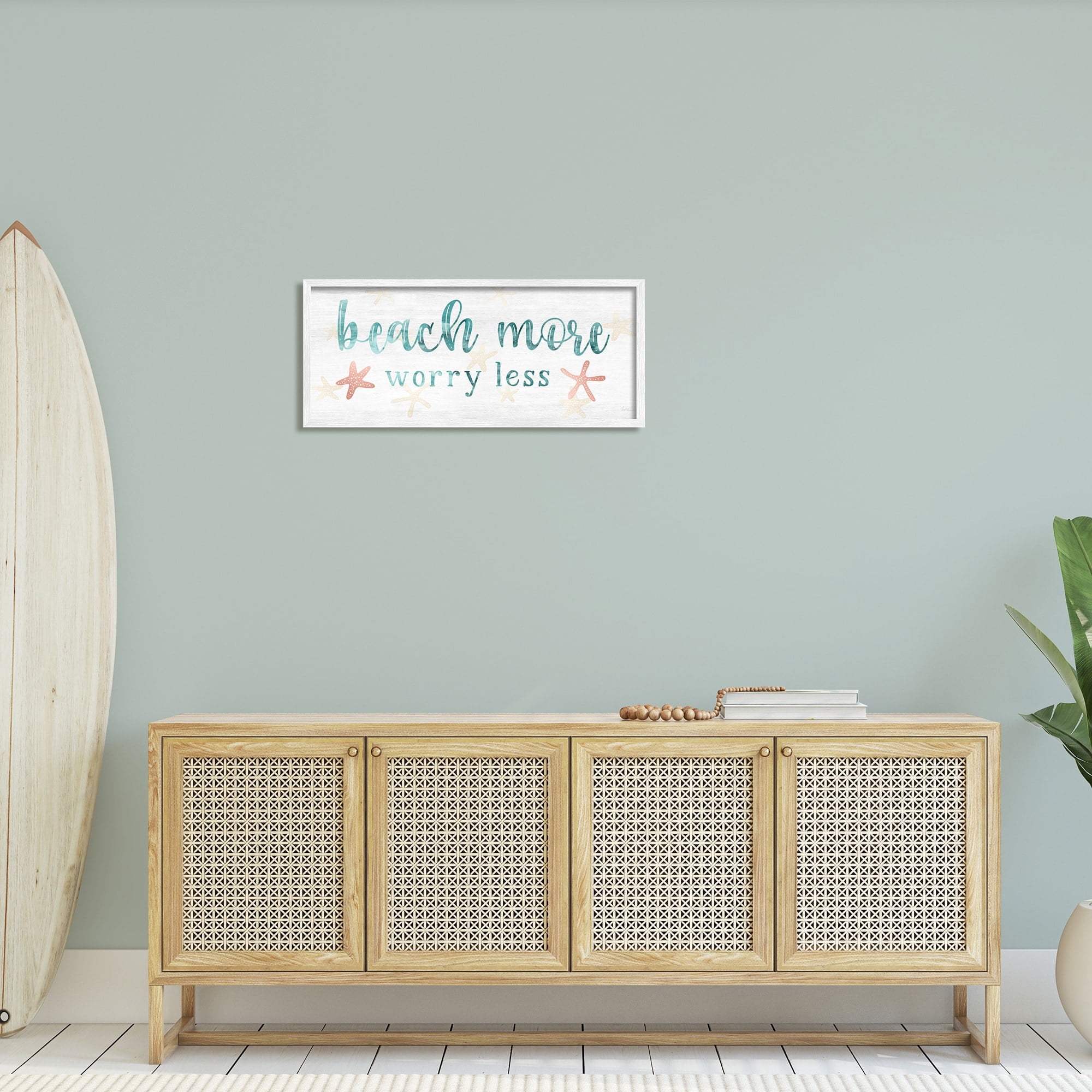 Stupell Industries Beach More Worry Less Nautical Sign Red Starfish Graphic Art White Framed Art Print Wall Art, 30x13, by Natalie Carpentieri
