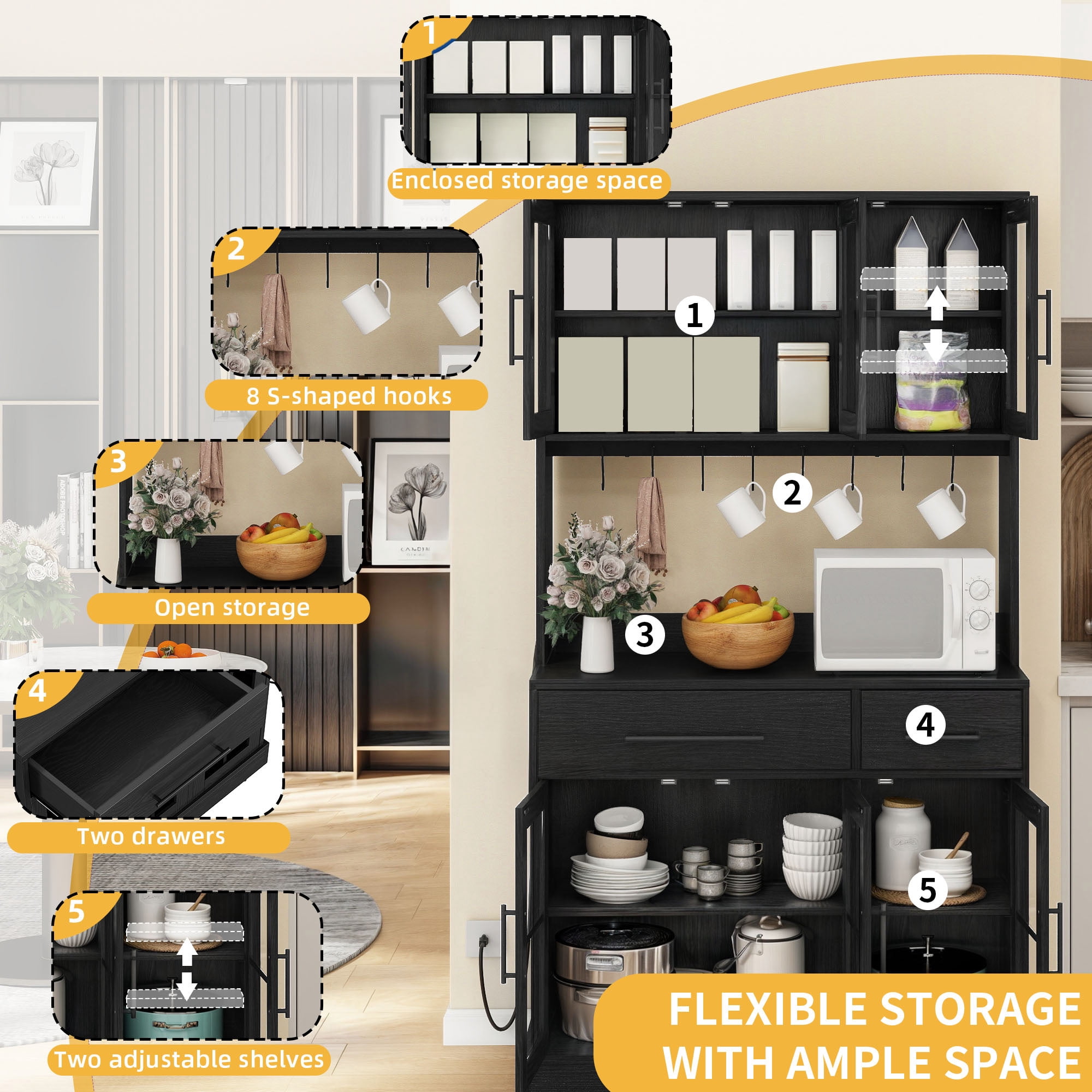 DWVO 71" Tall Kitchen Pantry Storage Cabinet with Power Outlet, Freestanding Cupboard Storage Buffet Hutch with Microwave Stand, Storage Pantry with Drawers & Glass Doors, Black