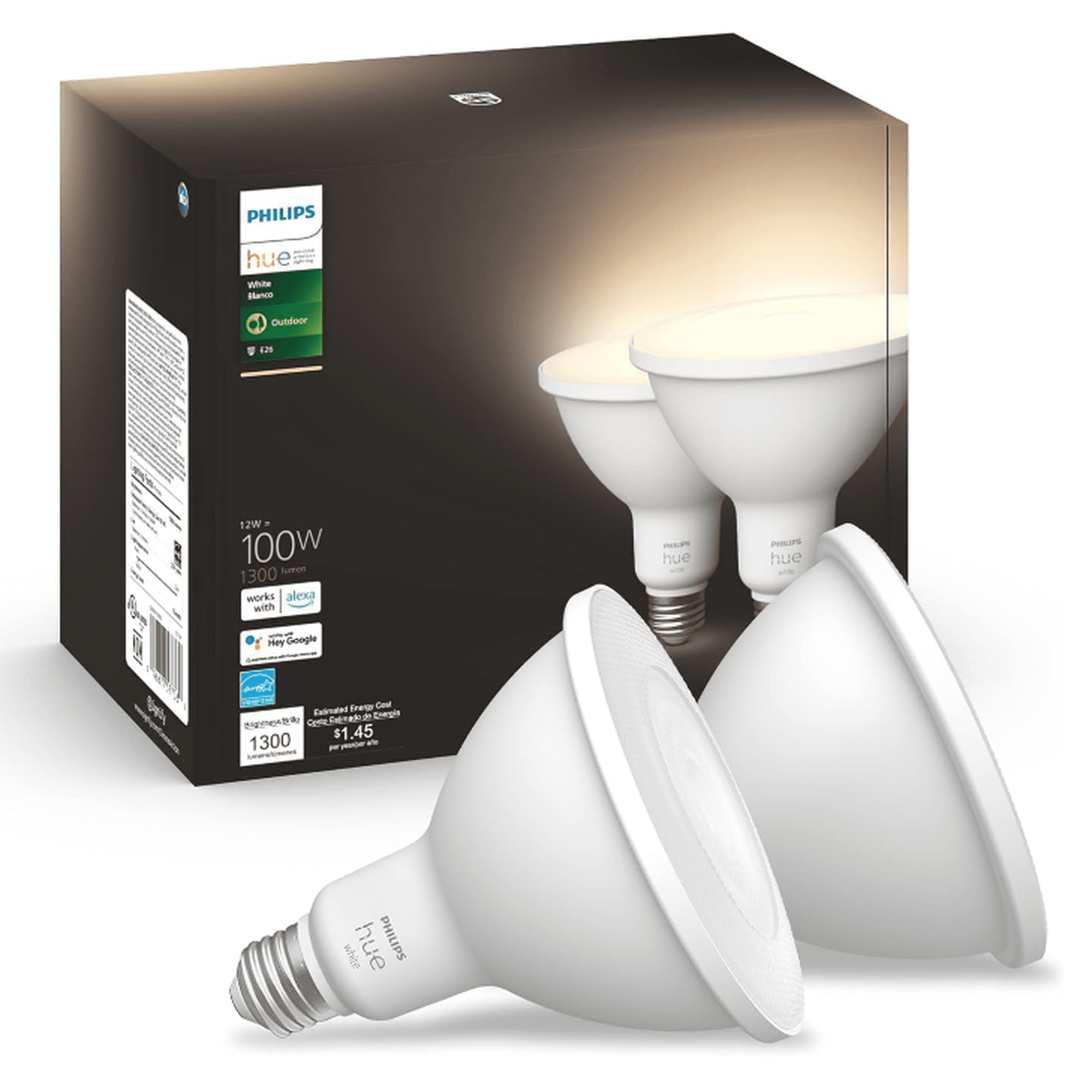 Philips Hue White PAR38 LED 100W Equivalent Waterproof Dimmable Smart Wireless Flood Light Bulb (2 Pack)
