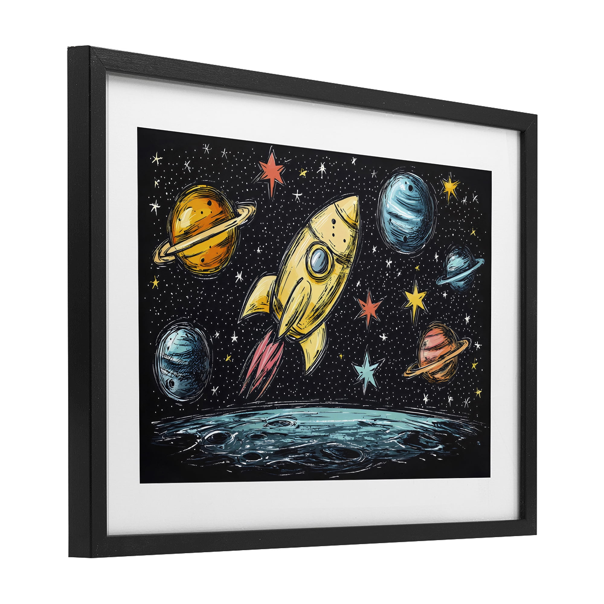 Stupell Industries Whimsical Rocket & Planets Black Framed Print Under Glass, design by Creative Studio