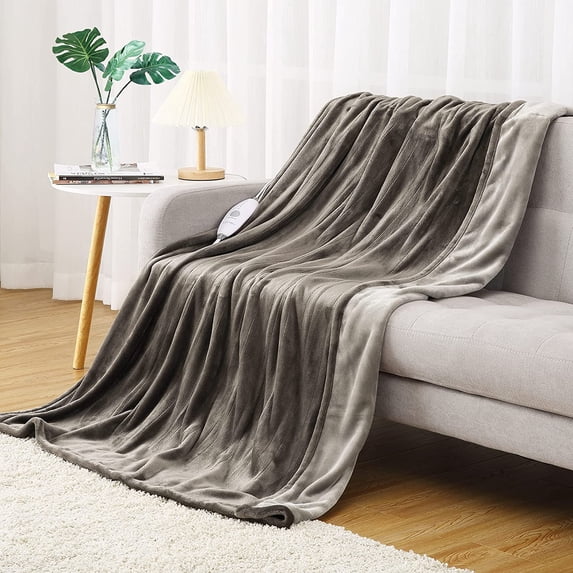 GlowSol Reversible Two-Color Flannel Heating Blankets Soft Heated Throws for Couch with 5 Heat Settings and 4 Hours Auto Shut Off, Dark Brown/Light Brown, 50"x60"