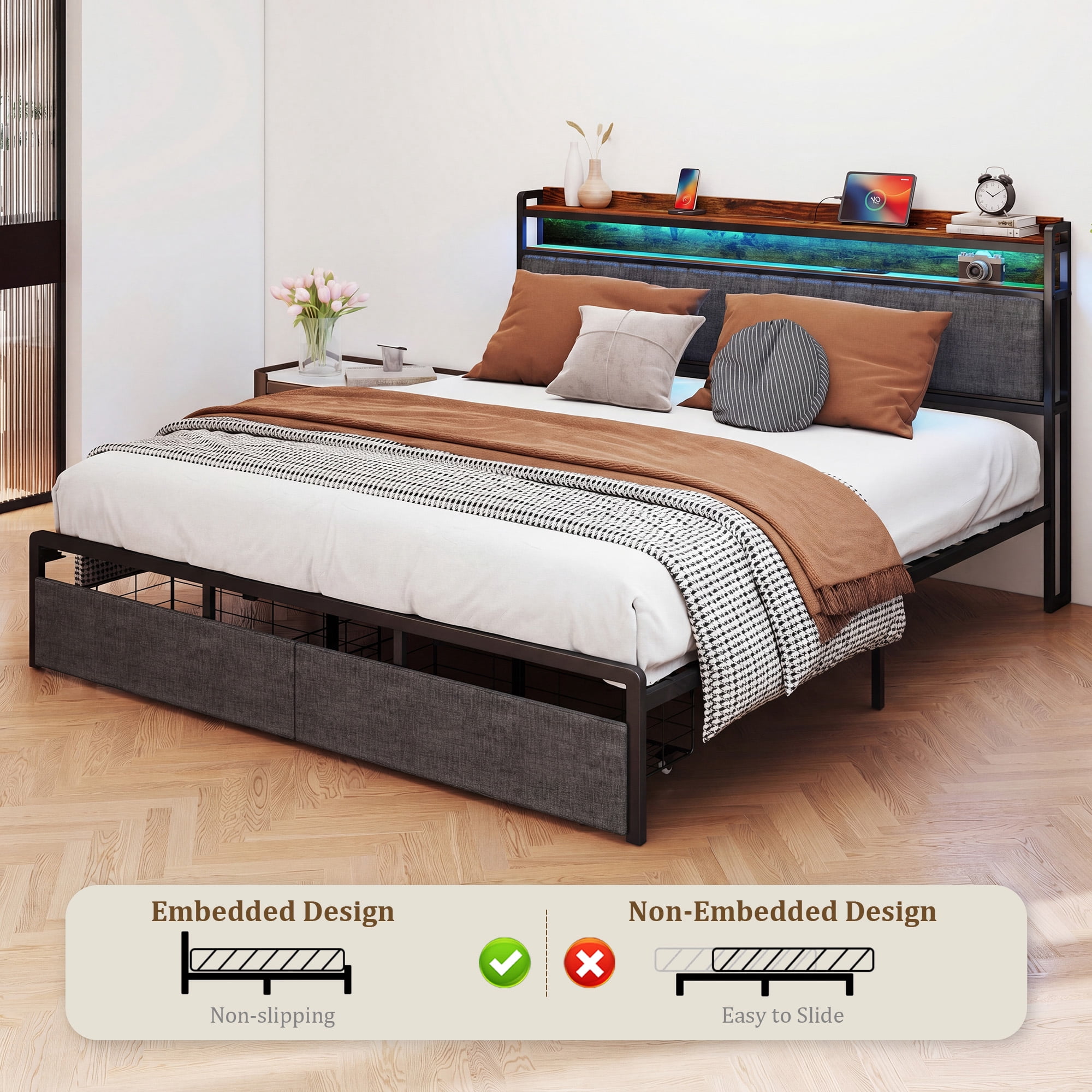 Furnibear LED Queen Bed Frame with Upholstered Storage Headboard and Drawers, LED Platform Bed with Charging Station, No Box Spring Needed