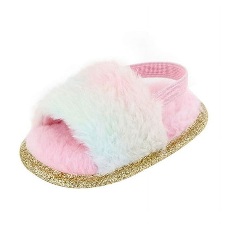 

Girls Sandals Toddler Faux Fur Slides with Elastic Back Strap Flats Shoes for Kids