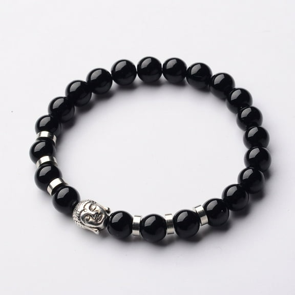 Buddha Head Gemstone Beaded Stretch Bracelets with Tibetan Style Beads and Brass Beads Black Stone 55mm