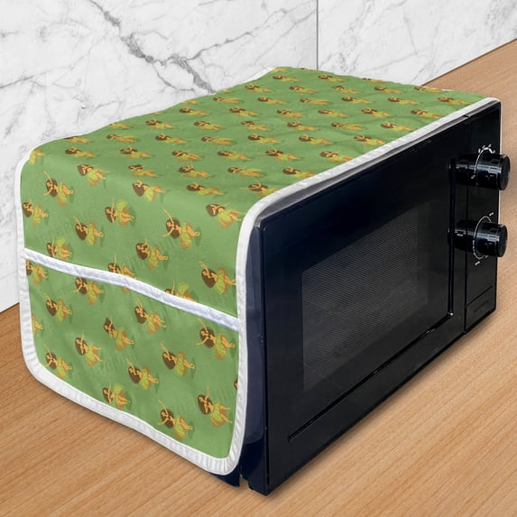 Hawaii Microwave Oven Cover, Oriental Girls Dancing Traditional Grass Skirts on Green Toned Background, Water Resistant Organizer with Pockets for Kitchen, 36" x 12", Multicolor, by Ambesonne