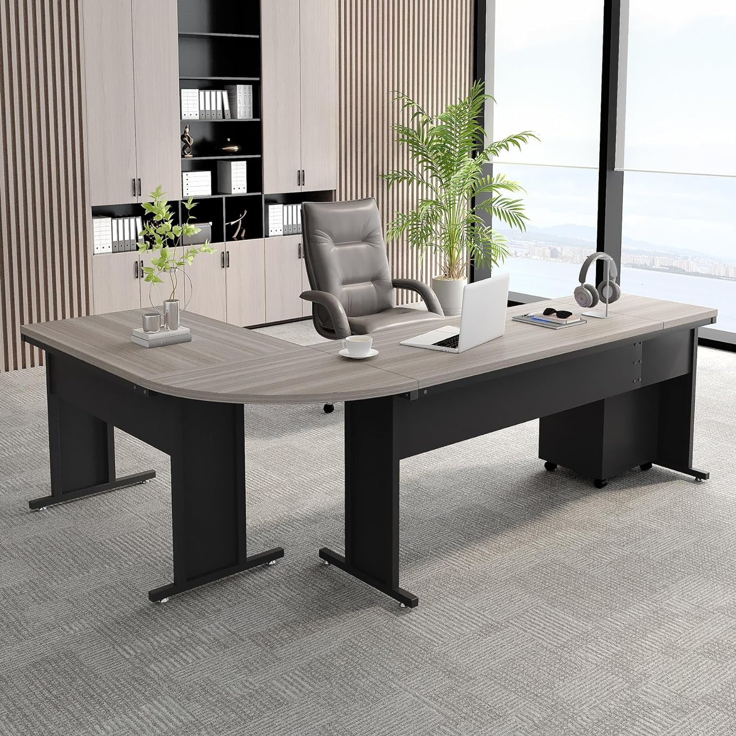 Tribesigns Reversible Executive Desk with 3 Drawer File Cabinet, L Shaped Desk, Gray