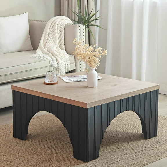 GZXS 31.7-inch Modern Farmhouse Coffee Table, Wooden Square Center Table with Unique Arched Base for Living Room, Small Space – Natural and Black