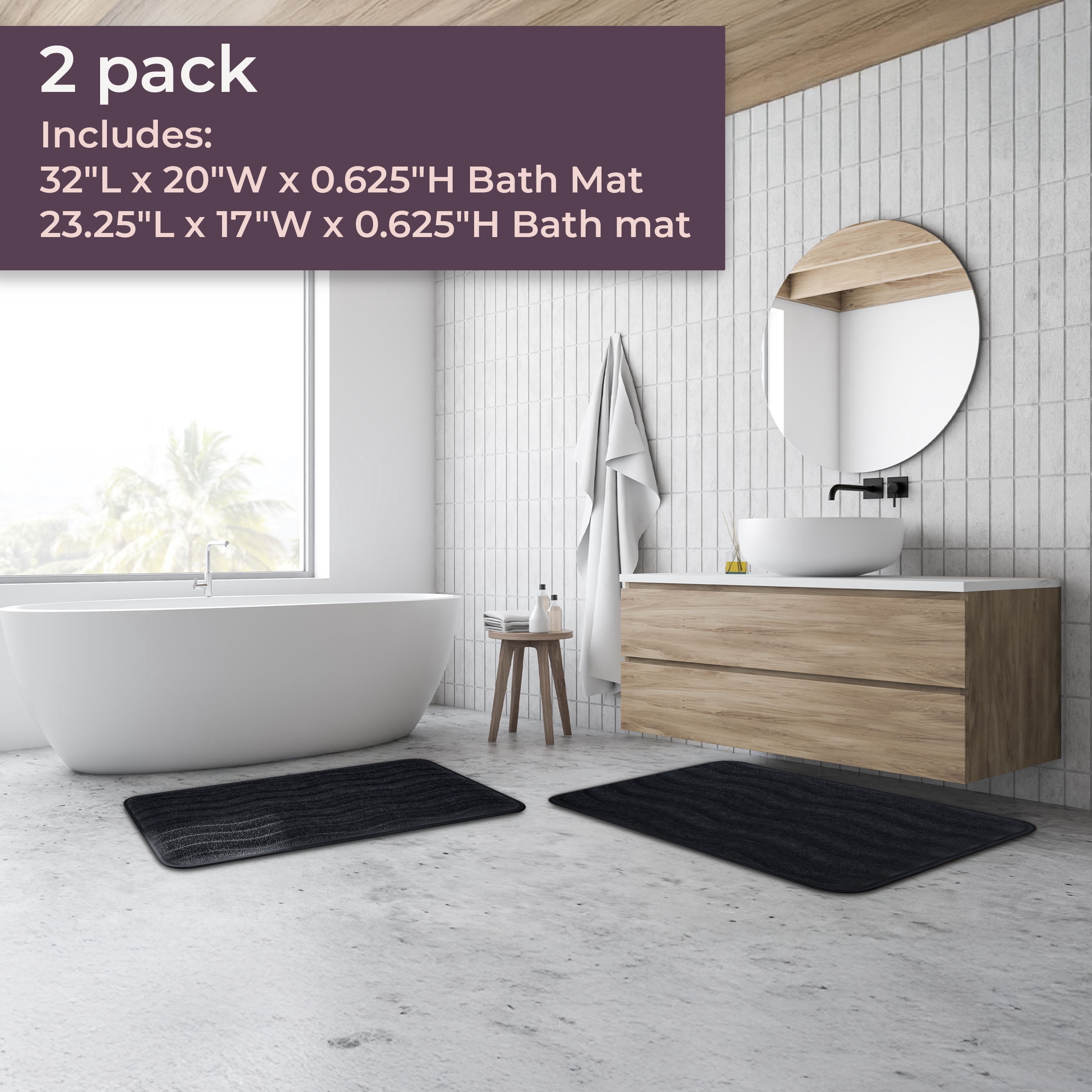 Lavish Home Set of 2 Bathroom Rugs – Non-Slip Memory Foam Bath Mats, Black