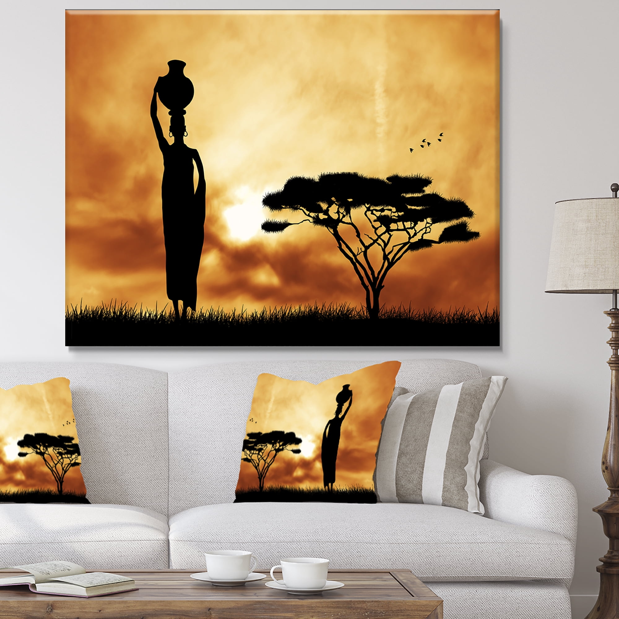 Designart 'African Woman and Lonely Tree ' African Landscape Canvas Art Print