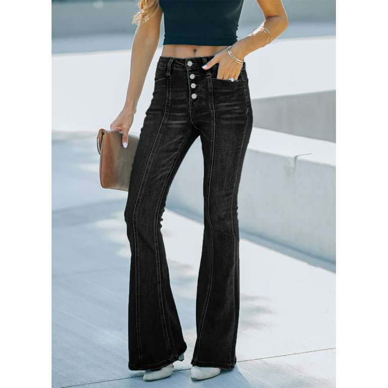 Blibea Black Bell Bottom Jeans for Women High Waist Button Closure Wide Leg Denim  Pants Size 14 