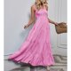 thumbnail image 4 of Maxi vestido con correa en la cintura, fruncido, sin mangas, estampado a rayas, vestido largo de moda para mujer para vacaciones, 4 of 7