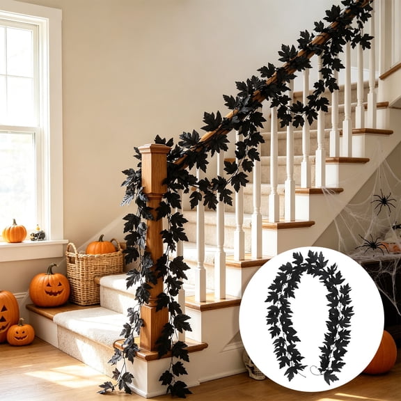 Elainilye Black Maple Leaf Garland, Halloween Artificial Hanging Fall Leave Vines for Fall Halloween Party Home Mantle Wall Indoor Outdoor Decoration