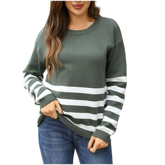 Yangnuo Pullover Sweaters for Women Striped Sweater for Women Women Striped Patchwork Knitted Sweater With Long Sleeved Round Neck Sweater