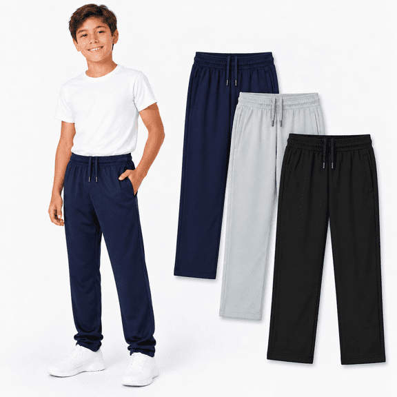 DARESAY Boys Mesh Athletic Pants 3-Pack, Lightweight Quick-Dry Active Pants with Pockets & Adjustable Drawstring, Sizes 4-16