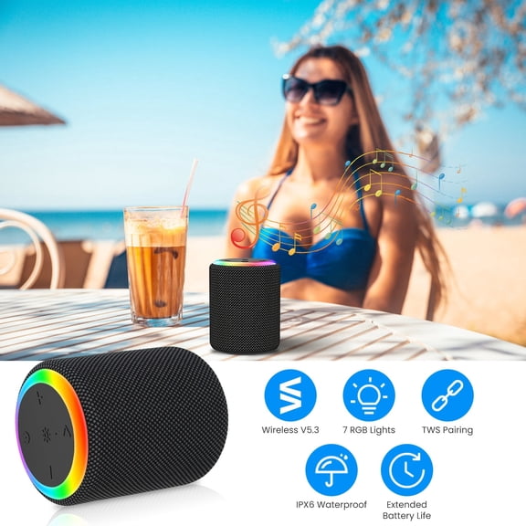 Moclever 1Pcs Portable Wireless Speaker, Mini Wireless Outdoor Speakers IPX6 Waterproof with 7 RGB Lights Support Calling TWS AUX in MMC Card Input, Black
