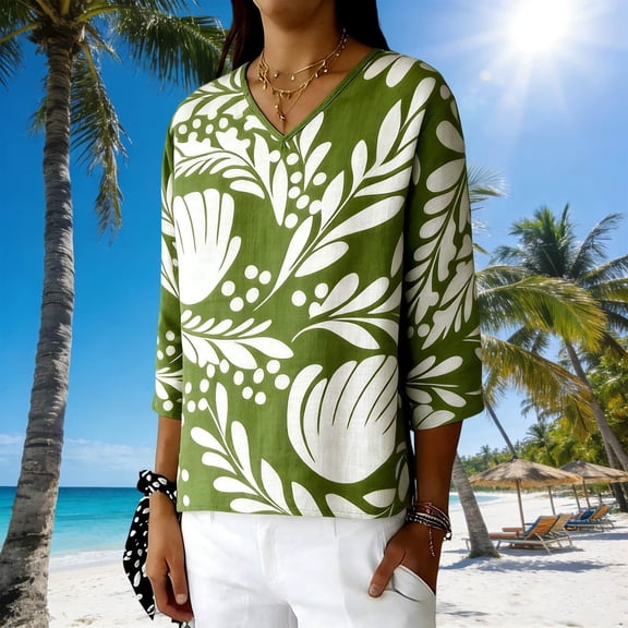 Xdegoge Floral Print Blouses for Women Cotton Linen V Neck 3/4 Sleeve Tunic Tops Casual Graphic Print Shirts Loose Fit Flowy Summer Daily Fashion Lightweight Top