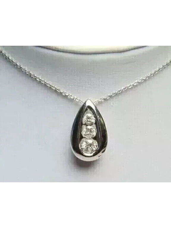 Round Cubic Zirconia Three Stone Teardrop Pendant 14k White Gold Finish
