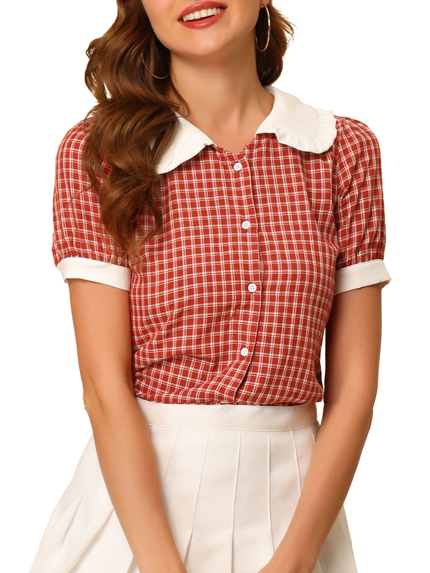 Allegra K Women's Plaid Puff Sleeve 
