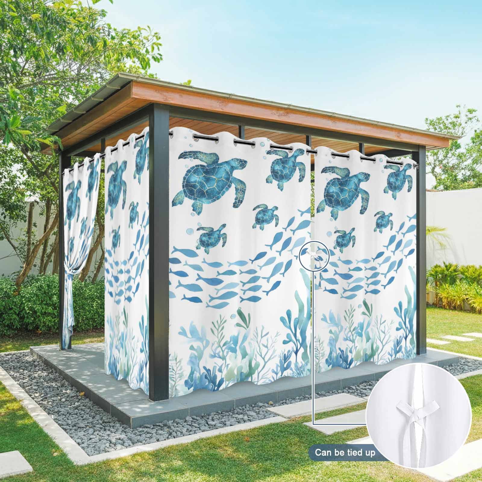 Sea Turtle Outdoor Curtains for Patio, Watercolor Ocean Blue Turtle Fish Seaweed Sunshade Privacy Drapes Grommet Waterproof Outside Curtains for Porch/Cabana/Balcony 54"x 95", 2 Panel