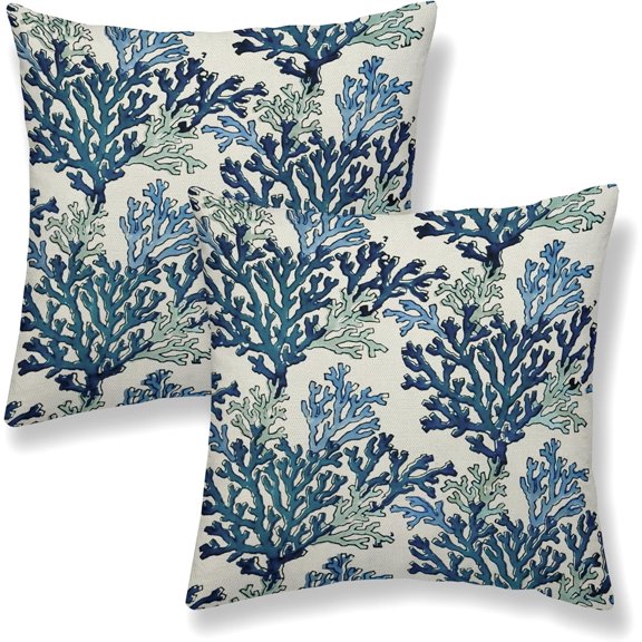 Navy Blue Teal Coastal Pillow Covers 18x18 Inch 2 Pcs Coral Summer Outdoor Decor Throw Pillows Nautical Beach Ocean Themed Holiday Decoration Pillowcase Linen Cushion Cover for Couch Sofa