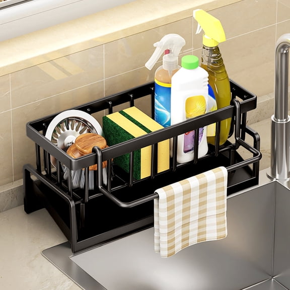 Bxaolu Kitchen Sink Caddy Sponge Holder, Plastic Towels Holder for Sink, Kitchen Organizer Soap Brush Dispenser,Countertop with Auto Drain Tray (Black)
