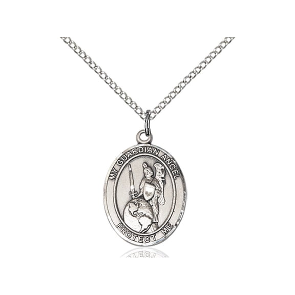 Sterling Silver Guardian Angel of the World Pendant 3/4 x 1/2 inches with 18 inch Sterling Silver Curb Chain